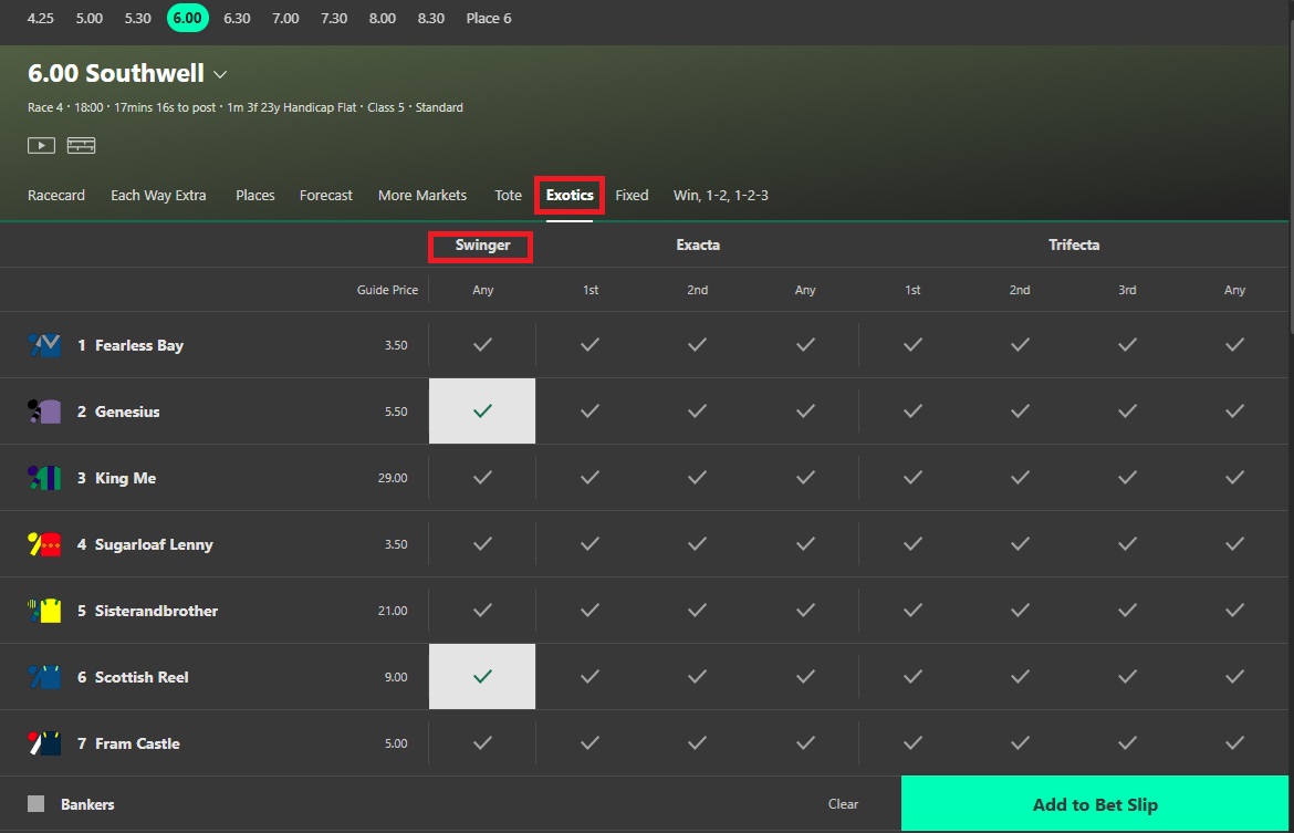 Bet365 6pm southwell racecard screen with 2 red rectangles highlighting the exotics heading and two horses selected in the swinger column